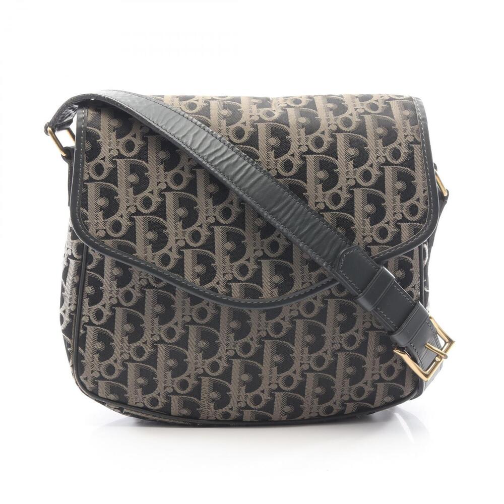 Christian Dior Trotter Canvas Leather Shoulder Bag Beige Black